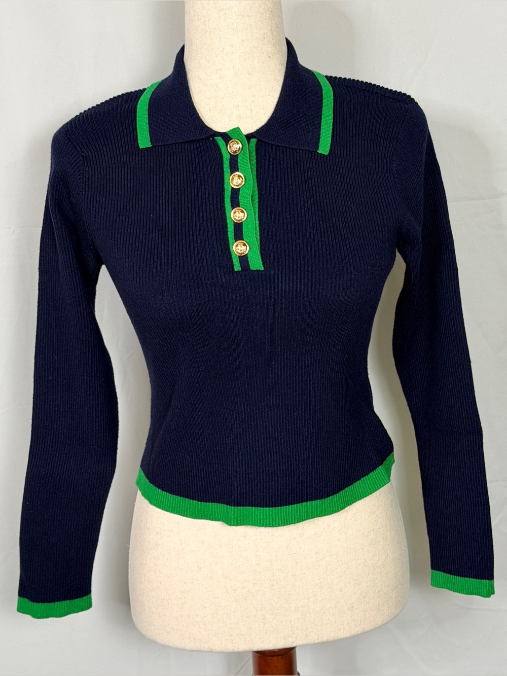 Emerson Lang Navy Knit Polo Sweater with Green Trim, academia, preppy,